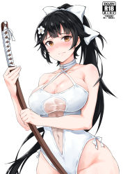 Rule 34 | 1girl, absurdres, azur lane, bare shoulders, black hair, blush, bow, breasts, brown eyes, cleavage, curvy, embarrassed, flower, hair bow, hair flower, hair ornament, hair ribbon, highres, holding, holding sword, holding weapon, katana, large breasts, long hair, looking at breasts, looking at viewer, one-piece swimsuit, ponytail, ribbon, simple background, sirurabbit, smile, solo, swimsuit, sword, takao (azur lane), takao (beach rhapsody) (azur lane), very long hair, weapon, white one-piece swimsuit, wide hips
