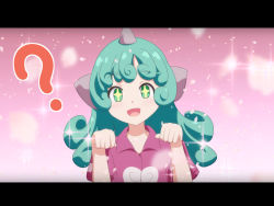 Rule 34 | + +, 1girl, :d, ?, animal ears, cato (monocatienus), collared shirt, commentary request, curly hair, green eyes, green hair, horns, kariyushi shirt, komano aunn, letterboxed, long hair, looking at viewer, open mouth, paw pose, pink shirt, shirt, short sleeves, single horn, smile, solo, sparkle, touhou, upper body