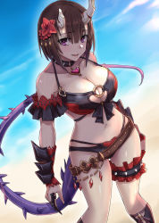Rule 34 | 1girl, bare shoulders, beach, belt, bikini, black bikini, black choker, black hair, black socks, blue sky, bracer, breasts, bridal garter, broken horn, choker, claw ring, cleavage, cleavage cutout, clothing cutout, collarbone, commentary request, day, demon girl, demon horns, eriko (princess connect!), eriko (summer) (princess connect!), flower, hair between eyes, heart, highres, horns, kneehighs, large breasts, looking at viewer, midriff, minarai, multi-strapped bikini bottom, multi-strapped bikini top, navel, o-ring, o-ring bikini, o-ring top, outdoors, princess connect!, purple eyes, red flower, short hair, short sleeves, sky, smile, socks, solo, spiked tail, swimsuit, tail, thigh strap