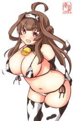 Rule 34 | 1girl, ahoge, alternate costume, animal print, arms behind back, artist logo, bell, bikini, breasts, brown hair, cow print, cow print bikini, cow tail, cowbell, cowboy shot, dated, double bun, elbow gloves, gloves, hair bun, hairband, highres, kanon (kurogane knights), kantai collection, kongou (kancolle), large breasts, long hair, looking at viewer, navel, neck bell, one-hour drawing challenge, open mouth, print bikini, print gloves, print hairband, print thighhighs, purple eyes, simple background, smile, solo, standing, swimsuit, tail, thighhighs, white background