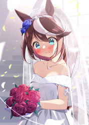 Rule 34 | 1girl, animal ears, blue eyes, blue flower, blue rose, blush, bouquet, brown hair, closed mouth, dress, flower, hair between eyes, hair flower, hair ornament, highres, holding, holding bouquet, horse ears, horse girl, horse tail, jewelry, long hair, multicolored hair, necklace, off-shoulder dress, off shoulder, ponytail, red flower, red rose, rose, saboten mushi, solo, streaked hair, tail, tokai teio (umamusume), umamusume, veil, wedding dress, white dress, white hair
