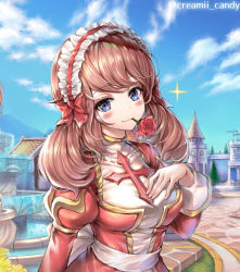 Rule 34 | 1girl, :3, blue eyes, blush, brown hair, building, day, doyagao, flower, fountain, hairband, high priest (ragnarok online), highres, long hair, long sleeves, looking at viewer, mii@chiffonx, mouth hold, outdoors, puffy long sleeves, puffy sleeves, ragnarok online, rose, smile, smug, solo, swept bangs