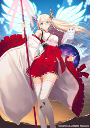Rule 34 | 1girl, animal, bare shoulders, bird, blonde hair, blue eyes, blush, breasts, cardfight!! vanguard, commentary request, detached sleeves, earrings, energy wings, frills, hair ornament, hakama, hakama skirt, holding, holding weapon, japanese clothes, jewelry, long hair, long sleeves, medium breasts, miko, official art, outdoors, owl, parted lips, polearm, shield, simple background, skirt, solo, thighhighs, thighs, tony taka, very long hair, weapon, white thighhighs, wide sleeves, wings, yin yang, zettai ryouiki