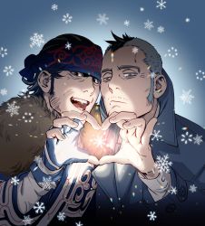 Rule 34 | 2boys, ainu, ainu clothes, black eyes, black hair, blue collar, buttons, collar, collared coat, couple, facial hair, golden kamuy, hat, heads together, headband, heart, heart hands, heart hands duo, highres, kadokura (golden kamuy), kepi, kirawus (golden kamuy), long sleeves, male focus, military hat, mohawk, multiple boys, old, old man, short hair, sideburns, simple background, stubble, upper body, w55674570w