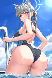 Rule 34 | 1girl, akamashi, animal ear fluff, animal ears, arms at sides, ass, back, backless swimsuit, bare arms, black one-piece swimsuit, blue archive, blue eyes, blue halo, blue sky, blush, breasts, bright pupils, commentary request, cowboy shot, cross hair ornament, curvy, eyelashes, eyes visible through hair, from behind, grey hair, hair between eyes, hair ornament, halo, highres, large breasts, lens flare, long hair, looking at viewer, looking back, mismatched pupils, one-piece swimsuit, open mouth, outdoors, ponytail, pool, shiroko (blue archive), shiroko (swimsuit) (blue archive), sideboob, skin tight, sky, solo, standing, swimsuit, thigh gap, water, wet, wet clothes, wet hair, wet swimsuit, white pupils, wolf ears, wolf girl