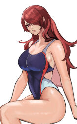 Rule 34 | 1girl, absurdres, breasts, cleavage, competition swimsuit, covered navel, hair over one eye, highres, kirijou mitsuru, large breasts, long hair, looking at viewer, nero watch, one-piece swimsuit, persona, persona 3, red eyes, red hair, sketch, skin tight, smile, solo, swimsuit, thighs, white background