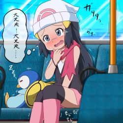 Rule 34 | 1girl, bad id, bad pixiv id, bag, bare shoulders, beanie, between legs, black hair, black shirt, black thighhighs, blue eyes, blurry, blurry foreground, blush, boots, bracelet, bus interior, closed eyes, creatures (company), dawn (pokemon), day, duffel bag, embarrassed, female focus, flat chest, game freak, gen 4 pokemon, hair ornament, hairclip, hand between legs, hand to own mouth, hand up, hat, have to pee, indoors, japanese text, jewelry, kamamau (krkrpee), knee boots, long hair, lying, miniskirt, nintendo, nose blush, on back, open mouth, pink footwear, pink scarf, pink skirt, piplup, poke ball symbol, poke ball theme, pokemon, pokemon (anime), pokemon (creature), pokemon dppt (anime), scarf, shirt, sidelocks, sitting, skirt, sleeping, sleeveless, sleeveless shirt, solo focus, sweat, tears, thighhighs, thought bubble, translated, trembling, wavy mouth, white headwear, window, zzz