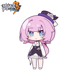 Rule 34 | 1girl, black dress, black hat, blush stickers, breasts, bridal gauntlets, chibi, cleavage, closed mouth, copyright name, dress, elysia (honkai impact), eta, flower, full body, hat, hat flower, honkai (series), honkai impact 3rd, looking at viewer, low ponytail, pink hair, ponytail, rose, shoes, simple background, single leg pantyhose, sleeveless, sleeveless dress, small breasts, smile, solo, standing, striped clothes, striped headwear, tilted headwear, vertical-striped clothes, vertical-striped headwear, white background, white flower, white footwear, white rose