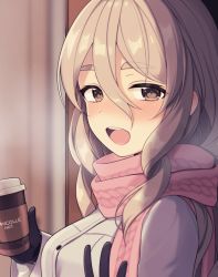 Rule 34 | 1girl, alternate costume, black gloves, blush, breasts, breath, brown eyes, buttons, coat, coffee cup, cup, disposable cup, door, gloves, grey hair, hair between eyes, hand up, highres, holding, holding cup, kantai collection, kinsenka momi, long coat, long hair, long sleeves, medium breasts, open mouth, pink scarf, pola (kancolle), scarf, sidelocks, snow, snowing, solo, tareme, thick eyebrows, wavy hair, white coat