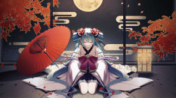 Rule 34 | 1girl, absurdres, aqua hair, black skirt, bow, closed eyes, closed mouth, comb, commentary request, egasumi, facing viewer, full body, full moon, hair ornament, hatsune miku, highres, horns, japanese clothes, kanvien, kimono, leaf, leaf hair ornament, long hair, long sleeves, maple leaf, miniskirt, moon, oil-paper umbrella, parasol, pink bow, pleated skirt, red umbrella, seiza, sitting, skirt, smile, solo, umbrella, very long hair, vocaloid, white kimono, wide sleeves