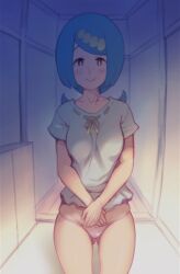 Rule 34 | 1girl, blue hair, blush, breasts, bright pupils, closed mouth, commentary request, creatures (company), ero kaeru, game freak, hair ornament, highres, indoors, lana&#039;s mother (pokemon), long hair, looking at viewer, mature female, nintendo, no sclera, own hands together, panties, pokemon, pokemon (anime), pokemon sm (anime), shirt, short sleeves, smile, solo, underwear