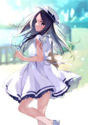 Rule 34 | 1girl, back bow, bad id, bad twitter id, bag, black hair, blush, bow, dress, hat, highres, light particles, long hair, looking at viewer, looking back, original, outdoors, profile, purple eyes, see-through, see-through legwear, short sleeves, shoulder bag, solo, sunlight, tights day, u35, white dress