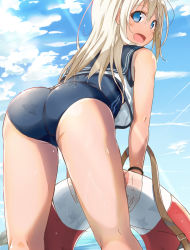 Rule 34 | 10s, 1girl, ass, bad id, bad pixiv id, blonde hair, blue eyes, cloud, day, gradient background, innertube, kantai collection, one-piece swimsuit, ro-500 (kancolle), sasahara wakaba, school swimsuit, sky, smile, solo, swim ring, swimsuit, tan, tanline, water