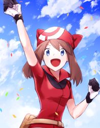 Rule 34 | 1girl, :d, arm up, black gloves, blue eyes, brown hair, creatures (company), game freak, gloves, hair between eyes, haisato (ddclown14), jacket, long hair, looking at viewer, may (pokemon), nintendo, open mouth, pokemon, pokemon rse, red headwear, red jacket, short sleeves, smile, solo, twintails, two-tone gloves, upper body, white gloves