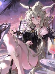 Rule 34 | 1girl, arknights, arutera, banned artist, bare legs, bare shoulders, black one-piece swimsuit, breasts, brown hair, casual one-piece swimsuit, commentary request, cup, drink, drinking glass, evening, feet out of frame, full moon, gradient sky, hair between eyes, hair ornament, highres, horns, large breasts, long hair, moon, official alternate costume, official art, one-piece swimsuit, palm tree, parted lips, pointy ears, red eyes, sample watermark, shining (arknights), shining (silent night) (arknights), sitting, sky, solo, sunset, swimsuit, sword, thigh strap, thighs, tree, very long hair, watermark, weapon