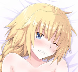 Rule 34 | 1girl, absurdres, blonde hair, blue eyes, braid, clenched teeth, collarbone, fate/apocrypha, fate (series), from above, highres, jeanne d&#039;arc (fate), jeanne d&#039;arc (ruler) (fate), kirishima noa, long hair, lying, nude, on back, one eye closed, ponytail, portrait, shiny skin, single braid, solo, tears, teeth