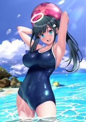 Rule 34 | 1girl, :d, amano nene (vtuber), angel, aqua eyes, armpits, arms up, ball, beach, beachball, black hair, blue eyes, blue one-piece swimsuit, blush, breasts, caustics, collarbone, commentary request, competition school swimsuit, covered navel, cowboy shot, day, green hair, hair ornament, hairclip, halo, head tilt, holding, horizon, large breasts, lens flare, light rays, long hair, looking at viewer, moss, ocean, one-piece swimsuit, open mouth, outdoors, production kawaii, reflection, rock, school swimsuit, shiny clothes, side ponytail, sidelocks, smile, solo, star (symbol), star print, sunbeam, sunlight, swimsuit, taut clothes, thighs, twintails, virtual youtuber, wading, wakana hanabi, water, water drop, wet, wet clothes, wet swimsuit, wing hair ornament