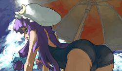 Rule 34 | 1girl, all fours, ass, bad id, bad pixiv id, female focus, hat, itsukia, long hair, one-piece swimsuit, outdoors, parasol, patchouli knowledge, purple eyes, purple hair, school swimsuit, sky, solo, swimsuit, touhou, umbrella
