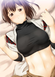 Rule 34 | 10s, 1girl, breasts, brown eyes, brown hair, crop top, hakama, hakama skirt, hands up, highres, ise (kancolle), japanese clothes, kantai collection, looking at viewer, lying, midriff, navel, niwatazumi, on back, on bed, pillow, skirt, smile, solo