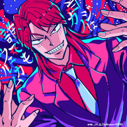 Rule 34 | 1boy, artist name, blazer, blue necktie, collared shirt, commentary request, dated, dutch angle, fingernails, grin, highres, ichijou seiya, jacket, kaiji, limited palette, long hair, looking at viewer, male focus, necktie, pink jacket, red eyes, red hair, red shirt, shirt, smile, solo, unknown03162, upper body