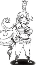 Rule 34 | 1girl, alternate breast size, bikini, breasts, charlotta (granblue fantasy), crown, full body, granblue fantasy, hands on own hips, harvin, highres, houtengeki, large breasts, long hair, looking at viewer, monochrome, shortstack, solo, standing, striped bikini, striped clothes, swimsuit, very long hair