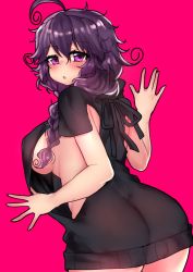 Rule 34 | 1girl, ahoge, black sweater, braid, breasts, butt crack, cowboy shot, dress, from behind, hand up, large breasts, long hair, looking at viewer, looking back, messy hair, naked sweater, navel, nyarla (osiimi), original, osiimi, parted lips, pink background, purple eyes, purple hair, simple background, solo, sweater, sweater dress