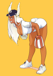 Rule 34 | 1girl, animal ears, arched back, artist name, ass, bad id, bad pixiv id, baseball cap, baseball glove, bent over, boku no hero academia, breasts, choi seol-hwa, choi seol-hwa (cosplay), collarbone, cosplay, dark-skinned female, dark skin, from side, full body, gloves, grin, hat, koshio, large breasts, long hair, looking to the side, mirko, profile, pulling own clothes, rabbit ears, rabbit girl, rabbit tail, raised eyebrow, short sleeves, simple background, smile, smug, solo, standing, tail, thighs, white footwear, white gloves, white hair