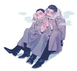 Rule 34 | 2boys, 8kani kani8, black eyes, black footwear, black hair, blush, boots, breath, buzz cut, closed mouth, coat, facial hair, facing viewer, full body, fur-trimmed hood, fur trim, goatee, golden kamuy, grey coat, grey eyes, hair slicked back, holding another&#039;s arm, hood, hood down, imperial japanese army, long coat, long sleeves, looking at another, male focus, military, military uniform, multiple boys, mustache, parted lips, short hair, signature, simple background, sitting, smile, sweat, tsukishima hajime, tsurumi tokushirou, uniform, very short hair, white background, yaoi, aged down