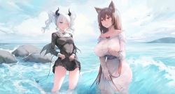 Rule 34 | 2girls, absurdres, animal ears, bad id, bad pixiv id, bare shoulders, black dress, blue eyes, blush, bow, breasts, brown hair, cat ears, commentary, commentary request, dress, highres, horns, in water, large breasts, long hair, long sleeves, multiple girls, niliu chahui, ocean, off shoulder, one eye closed, original, outdoors, red bow, red eyes, thighs, twintails, wading, water, white dress, white hair