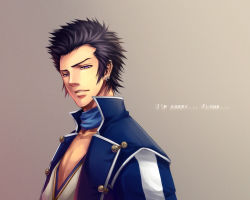 1boy, black hair, blue scarf, ear piercing, english text, looking at viewer, male focus, multicolored, multicolored clothes, piercing, purple eyes, raykit, scarf, shin megami tensei, shin megami tensei iv, spoilers, walter (smt), white stripes