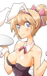Rule 34 | 1girl, alice margatroid, animal costume, animal ears, ascot, bad id, bad twitter id, bare shoulders, blonde hair, blue eyes, blush, breasts, cleavage, fake animal ears, hair ribbon, large breasts, leotard, light smile, non (z-art), playboy bunny, ponytail, rabbit ears, rabbit tail, ribbon, smile, solo, tail, touhou, wrist cuffs
