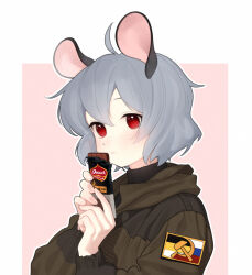 Rule 34 | 1girl, abbystea, animal ears, candy, chocolate, chocolate bar, food, grey hair, hammer and sickle, holding, holding food, imperial russian flag, jacket, mouse ears, nazrin, patch, red eyes, russian flag, solo, touhou, turtleneck