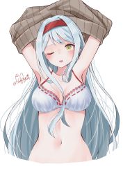 Rule 34 | 1girl, :o, arms up, blush, bra, breasts, cropped torso, haggy, headband, highres, kantai collection, large breasts, long hair, open mouth, red headband, ribbon-trimmed bra, ribbon trim, shoukaku (kancolle), sidelocks, simple background, solo, twitter username, underwear, undressing, white background, white bra, white hair, yellow eyes