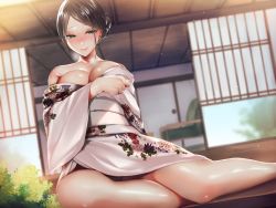 Rule 34 | 1girl, absurdres, areola slip, asmr, bare shoulders, blush, breast hold, breasts, brown hair, brown panties, cleavage, closed mouth, collarbone, dutch angle, green eyes, heavy breathing, highres, japanese clothes, kimono, large breasts, light particles, long sleeves, looking at viewer, mole, mole on thigh, mole under eye, no bra, non-web source, off shoulder, original, panties, panty peek, plant, sakiryo kanna, sitting, sliding doors, solo, thighs, underwear, white kimono, wide sleeves