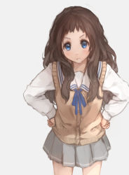 Rule 34 | 10s, blue eyes, brown hair, cardigan vest, hands on own hips, highres, kyoukai no kanata, long hair, looking at viewer, school uniform, shindou ai, skirt, solo, sweater vest, xiao qiang (overseas)