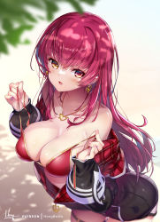 Rule 34 | 1girl, artist name, bikini, black jacket, blurry, blurry background, blush, breasts, cleavage, commentary request, earrings, hands up, heart, heart earrings, heart necklace, heterochromia, hololive, hong (white spider), houshou marine, houshou marine (summer), jacket, jewelry, large breasts, leaning forward, long hair, long sleeves, looking at viewer, necklace, o-ring, o-ring thigh strap, off shoulder, official alternate costume, open clothes, open jacket, open mouth, puffy long sleeves, puffy sleeves, red bikini, red eyes, red hair, signature, smile, solo, strap lift, string bikini, swimsuit, thigh strap, untied bikini, virtual youtuber, yellow eyes