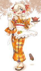 Rule 34 | 10s, 1girl, absurdres, alpaca ears, alpaca suri (kemono friends), alpaca tail, alternate costume, animal ears, apron, autumn leaves, barefoot, blonde hair, blue eyes, clothing cutout, collarbone, commentary request, enmaided, eyebrows, flying sweatdrops, unworn footwear, frilled apron, frills, full body, hair over one eye, hair ribbon, hair tubes, hand up, highres, holding, holding tray, horizontal pupils, japanese clothes, kemono friends, kemono friends festival, kimono, leaf, leaf background, leaf print, looking at viewer, maid, maid apron, maid headdress, maple leaf, medium hair, open mouth, plaid, plaid kimono, platinum blonde hair, ribbon, sandals, unworn sandals, short sleeves, shoulder cutout, solo, tail, teapot, thin (suzuneya), toes, tray, wa maid, waist apron, walking