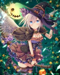 Rule 34 | 1girl, adjusting clothes, adjusting headwear, black hat, blue eyes, blush, bow, breasts, broom, broom riding, falkyrie no monshou, halloween, hat, jack-o&#039;-lantern, large breasts, looking at viewer, natsumekinoko, official art, parted lips, pumpkin, purple bow, short hair, silver hair, solo, witch hat