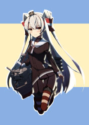 Rule 34 | 10s, 1girl, absurdres, amatsukaze (kancolle), backlighting, black panties, blue background, blush, cannon, choker, clothes lift, collarbone, dress, dress lift, floating, full body, garter straps, gloves, grey hair, hair ornament, hair tubes, headgear, highres, kantai collection, legs up, long hair, long sleeves, looking at viewer, panties, pantyshot, red thighhighs, rensouhou-kun, sailor dress, single glove, smokestack, solo, striped clothes, striped thighhighs, thigh gap, thighhighs, torpedo, two side up, underwear, very long hair, white gloves, yellow background, yellow eyes, yueye (blbl-y)