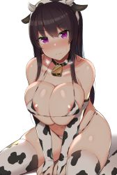 Rule 34 | 1girl, absurdres, animal ears, animal print, ao no kanata no four rhythm, areola slip, bell, between legs, bikini, black hair, blush, breasts, breasts squeezed together, bridal gauntlets, cleavage, closed mouth, collar, collarbone, cow ears, cow horns, cow print, fake animal ears, fake horns, hairband, hand between legs, highres, horns, jakko, kneeling, large breasts, long hair, looking at viewer, navel, neck bell, purple eyes, sideboob, simple background, skindentation, solo, swimsuit, thighhighs, thighs, tobisawa misaki, underboob, white background