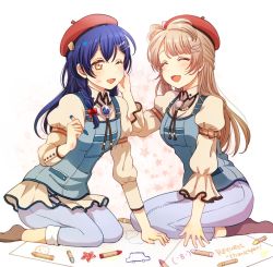 Rule 34 | 2girls, hairclip, blue hair, braid, brown hair, crayon, drawing, closed eyes, hair ornament, hairclip, hand on another&#039;s face, happy, hat, heru (totoben), long hair, looking at another, love live!, love live! school idol festival, love live! school idol project, minami kotori, multiple girls, one eye closed, open mouth, paper, sitting, smile, sonoda umi, yellow eyes