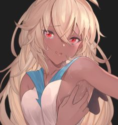 Rule 34 | 1girl, armpits, betabeet, black background, blonde hair, breasts, dark-skinned female, dark skin, granblue fantasy, hair between eyes, highres, long hair, looking at viewer, medium breasts, red eyes, simple background, solo, sweat, upper body, wavy mouth, zooey (granblue fantasy)