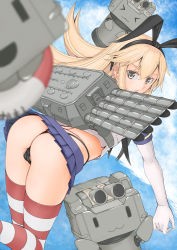 Rule 34 | 10s, 1girl, ass, black panties, blonde hair, blush, commentary request, crop top, elbow gloves, from behind, gloves, hair ribbon, highleg, highleg panties, kantai collection, long hair, looking at viewer, looking back, miniskirt, open mouth, panties, partially visible vulva, rensouhou-chan, ribbon, shimakaze (kancolle), skirt, solo, striped clothes, striped thighhighs, thighhighs, tom (pixiv4167386), tom (rock n tom), underwear, white gloves, yellow eyes