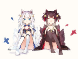 Rule 34 | 2girls, aged down, akagi-chan (azur lane), akagi (azur lane), animal ear fluff, animal ears, azur lane, bell, black socks, black thighhighs, blue eyes, blush, brown hair, closed eyes, closed mouth, commentary request, diieru, fox ears, fox tail, hair bell, hair ornament, hair rings, highres, japanese clothes, kaga (azur lane), kimono, kitsune, kneehighs, knees up, kyuubi, long hair, long sleeves, looking at viewer, multiple girls, multiple tails, no shoes, open mouth, pleated skirt, shikigami, short hair, short kimono, short twintails, sidelocks, simple background, sitting, skirt, smile, socks, tail, thighhighs, twintails, white background, white hair, white legwear, wide sleeves