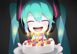 1girl absurdres aqua_hair birthday_cake black_background cake candle closed_eyes facing_viewer food hair_ornament hands_up hatsune_miku headphones highres holding holding_plate kinosuke_(pattaba) light_blush long_hair open_mouth plate portrait smile solo twintails vocaloid