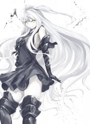 Rule 34 | 10s, 1girl, abyssal ship, aircraft carrier oni, armor, armored boots, armored dress, armpits, black dress, boots, bow, breasts, cowboy shot, dress, elbow gloves, gauntlets, gloves, hand on own hip, kantai collection, kz nagomiya, long hair, one side up, pale skin, sailor collar, sailor dress, short dress, side ponytail, sideboob, sleeveless, solo, standing, thigh boots, thighhighs, thighs, very long hair, white background, white hair, yellow eyes, zettai ryouiki