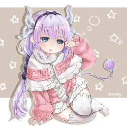 Rule 34 | 10s, 1girl, arm support, artist name, bad id, bad pixiv id, black bow, blue eyes, bow, brown background, capelet, clenched hand, dragon girl, dragon horns, dragon tail, drooling, english text, full body, hairband, highres, honesty, horns, kanna kamui, kobayashi-san chi no maidragon, light purple hair, long hair, low twintails, parted lips, silhouette, sitting, sleepy, solo, star (symbol), starry background, tail, tears, thighhighs, twintails, very long hair, white thighhighs