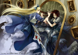 Rule 34 | 2girls, alice (alice in wonderland), alice in wonderland, apron, blonde hair, bow, brown hair, different reflection, dress, hair bow, lan wu, long hair, mirror, multiple girls, painting (object), petticoat, reflection