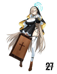 Rule 34 | 1girl, absurdres, ankle boots, artist logo, asuna (blue archive), black choker, blue archive, blue eyes, blue halo, blue necktie, boots, breasts, briefcase, brown footwear, choker, cleavage, cleavage cutout, clothing cutout, coif, commentary request, cosplay, cross, cross earrings, earrings, frilled sleeves, frills, garter belt, grin, habit, hair over one eye, halo, highres, hinata (blue archive), hinata (blue archive) (cosplay), jewelry, juliet sleeves, large breasts, light brown hair, long hair, long sleeves, looking at viewer, mole, mole on breast, necktie, nishichi, nun, puffy sleeves, side slit, simple background, smile, solo, standing, tachi-e, thighhighs, very long hair, white background, white thighhighs