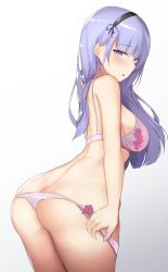 Rule 34 | 1girl, ass, azur lane, back, bare arms, bare legs, bare shoulders, blush, bra, breasts, butt crack, dido (azur lane), from behind, gradient background, headband, highres, houraku, long hair, looking at viewer, looking back, open mouth, panties, purple bra, purple eyes, purple hair, purple panties, simple background, solo, standing, underwear, undressing, white background